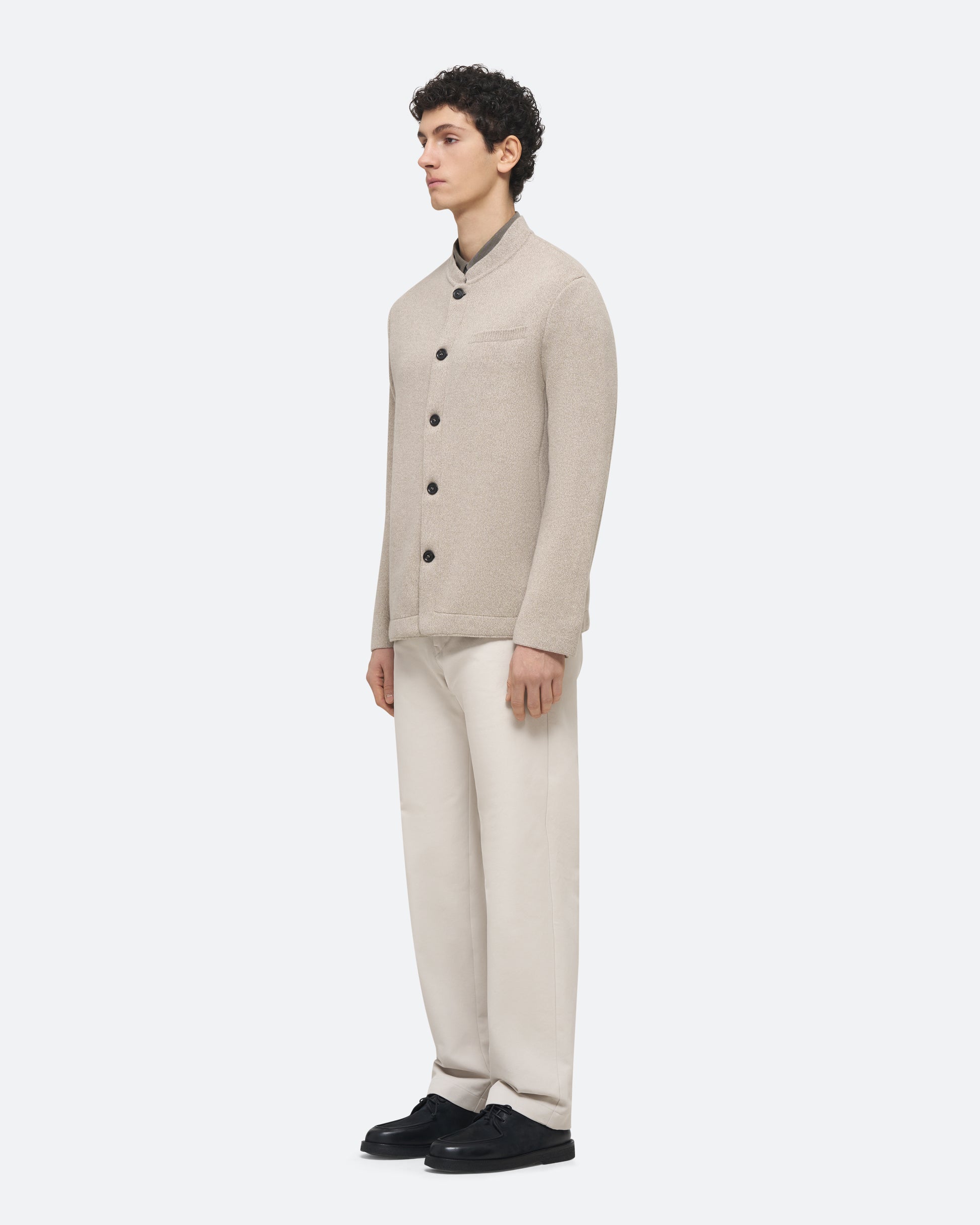 Wool Cashmere Knit Jacket in Beige on model