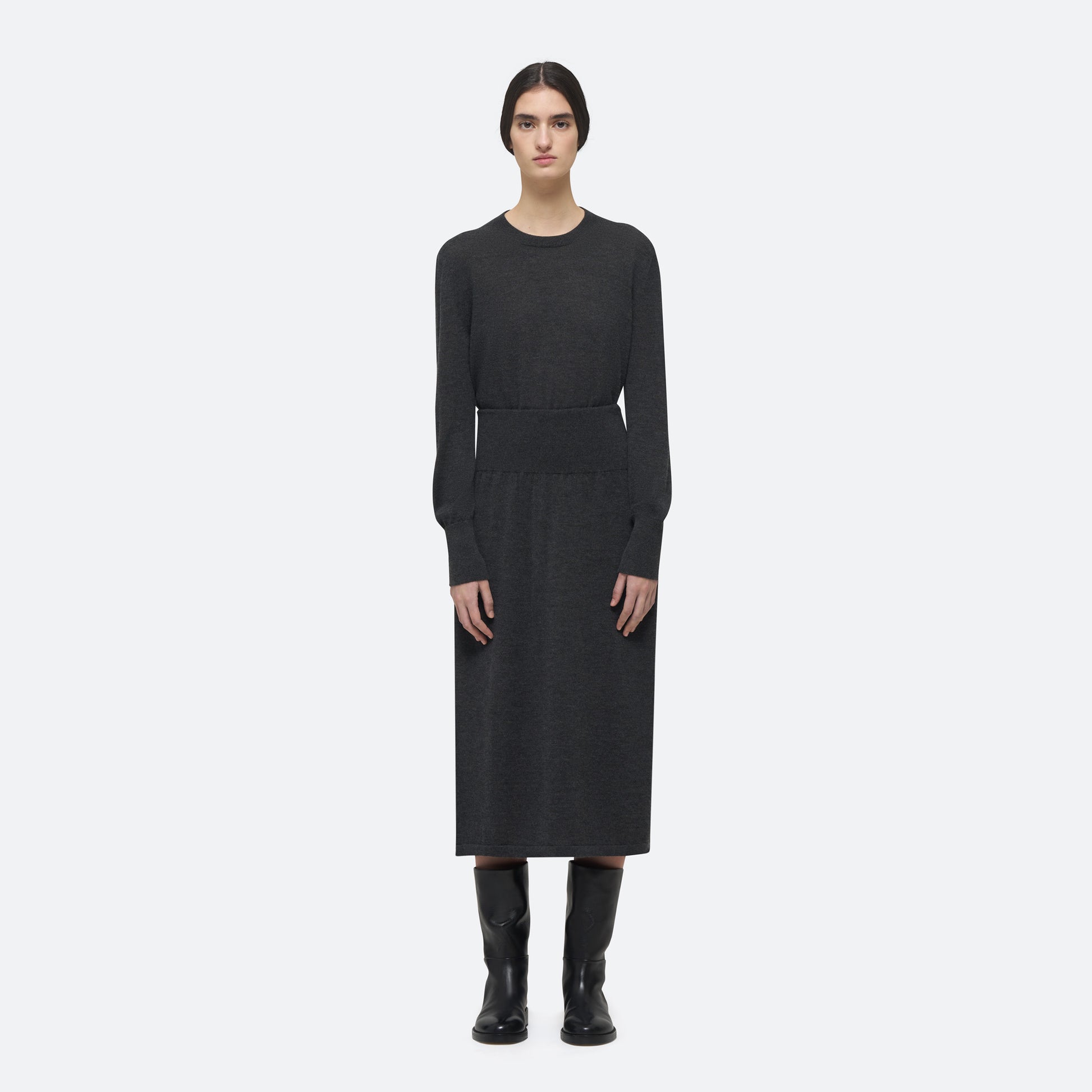 Cashmere Silk Knit Skirt in Charcoal on model