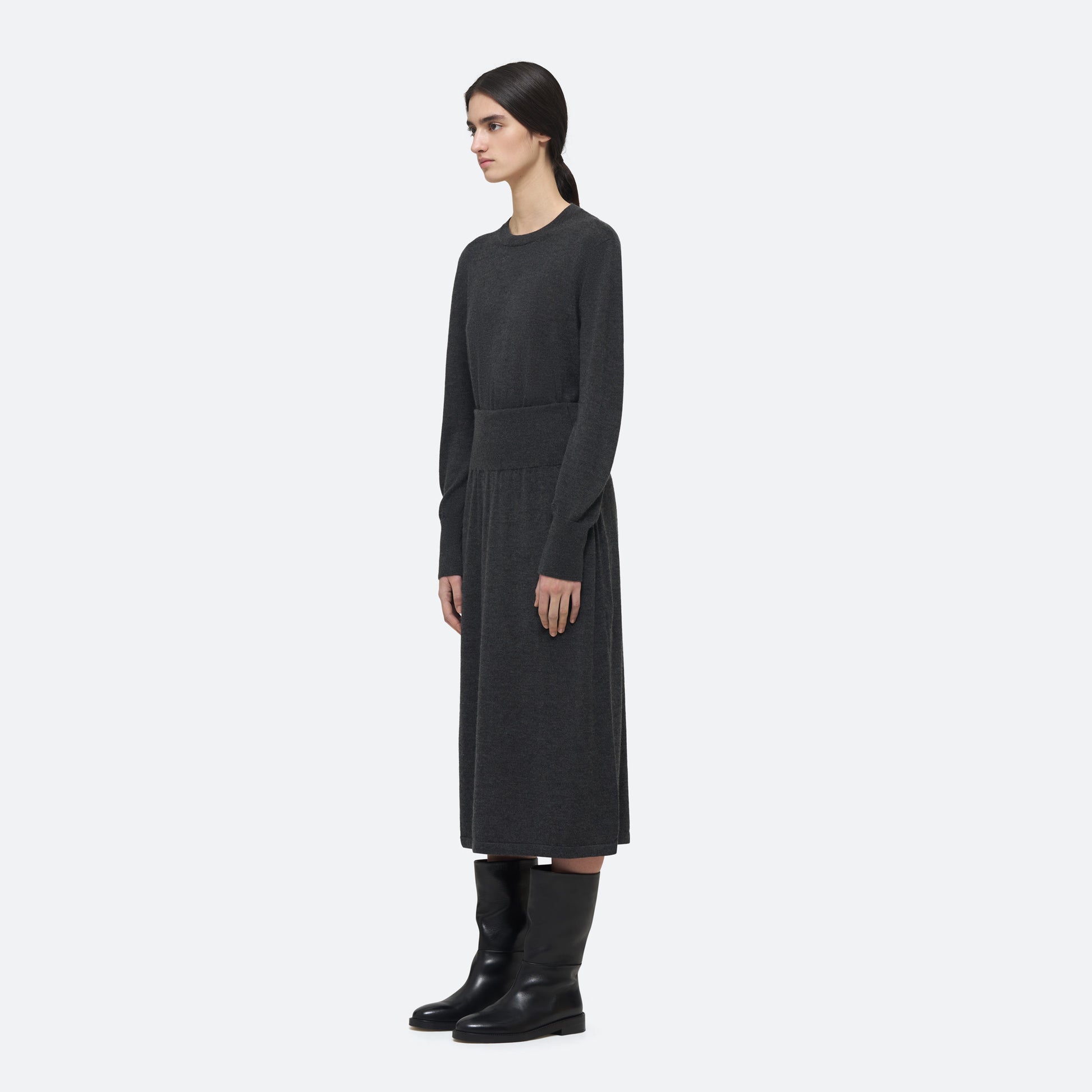 Cashmere Silk Knit Skirt in Charcoal on model