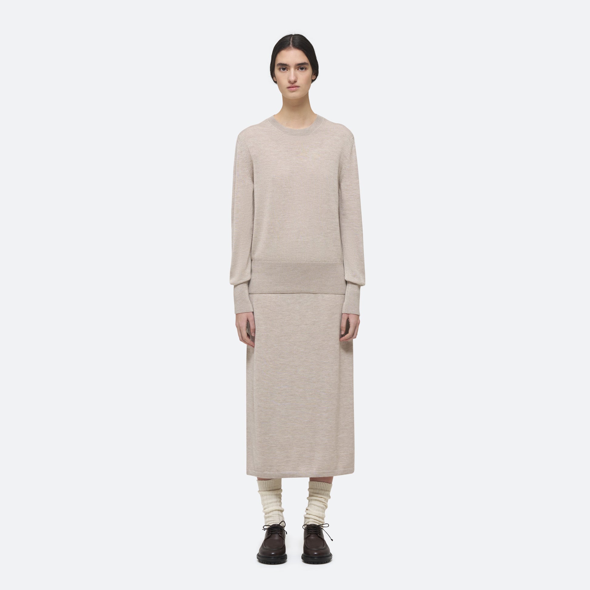 Cashmere Silk Knit Sweater in Beech on model