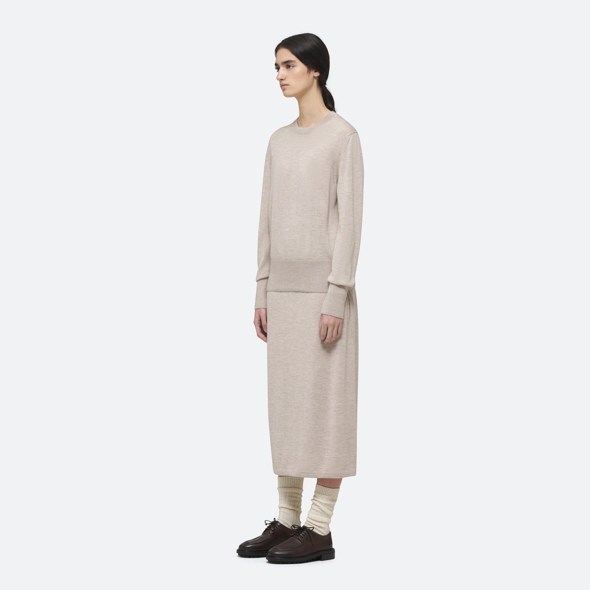 Cashmere Silk Knit Sweater in Beech on model