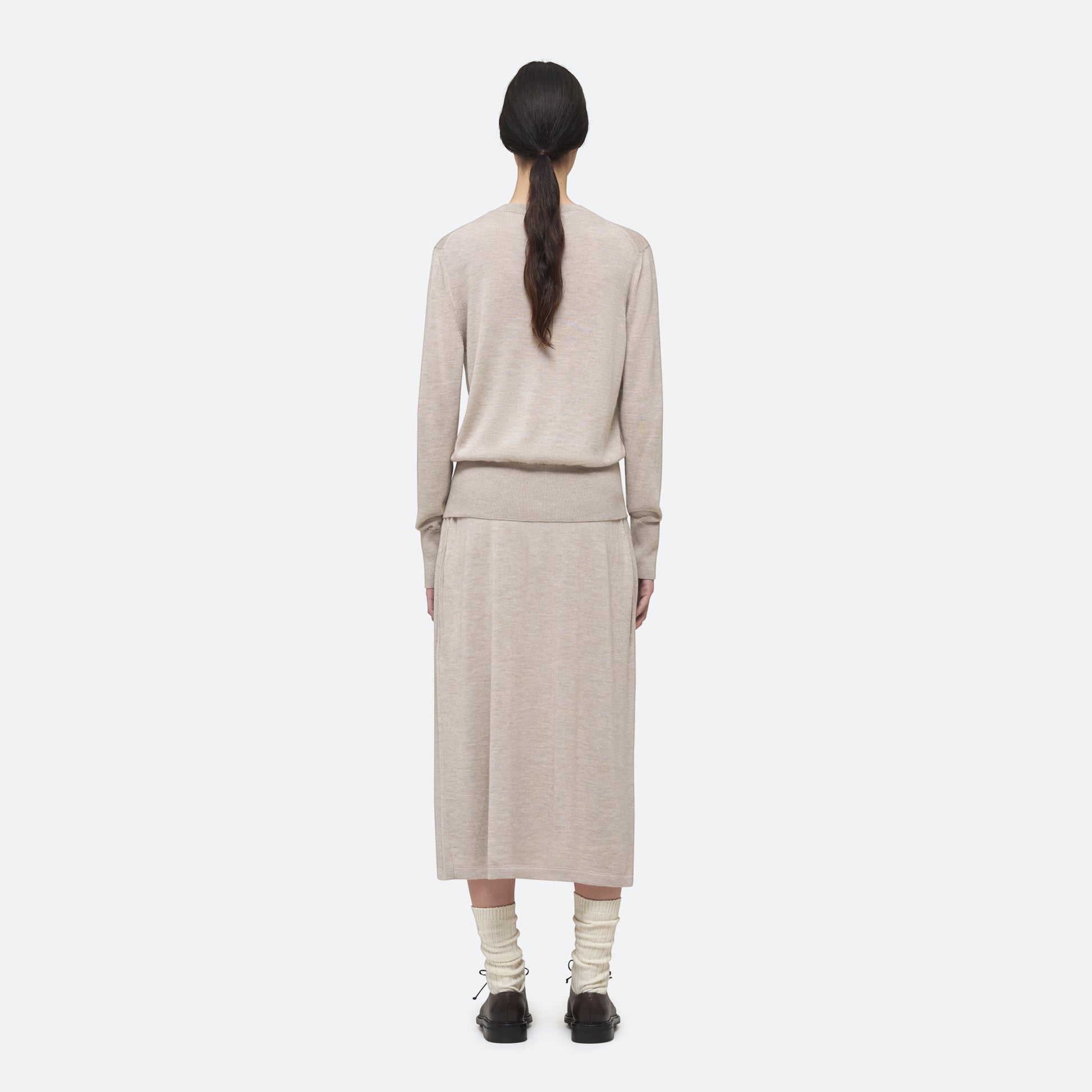 Cashmere Silk Knit Sweater in Beech on model