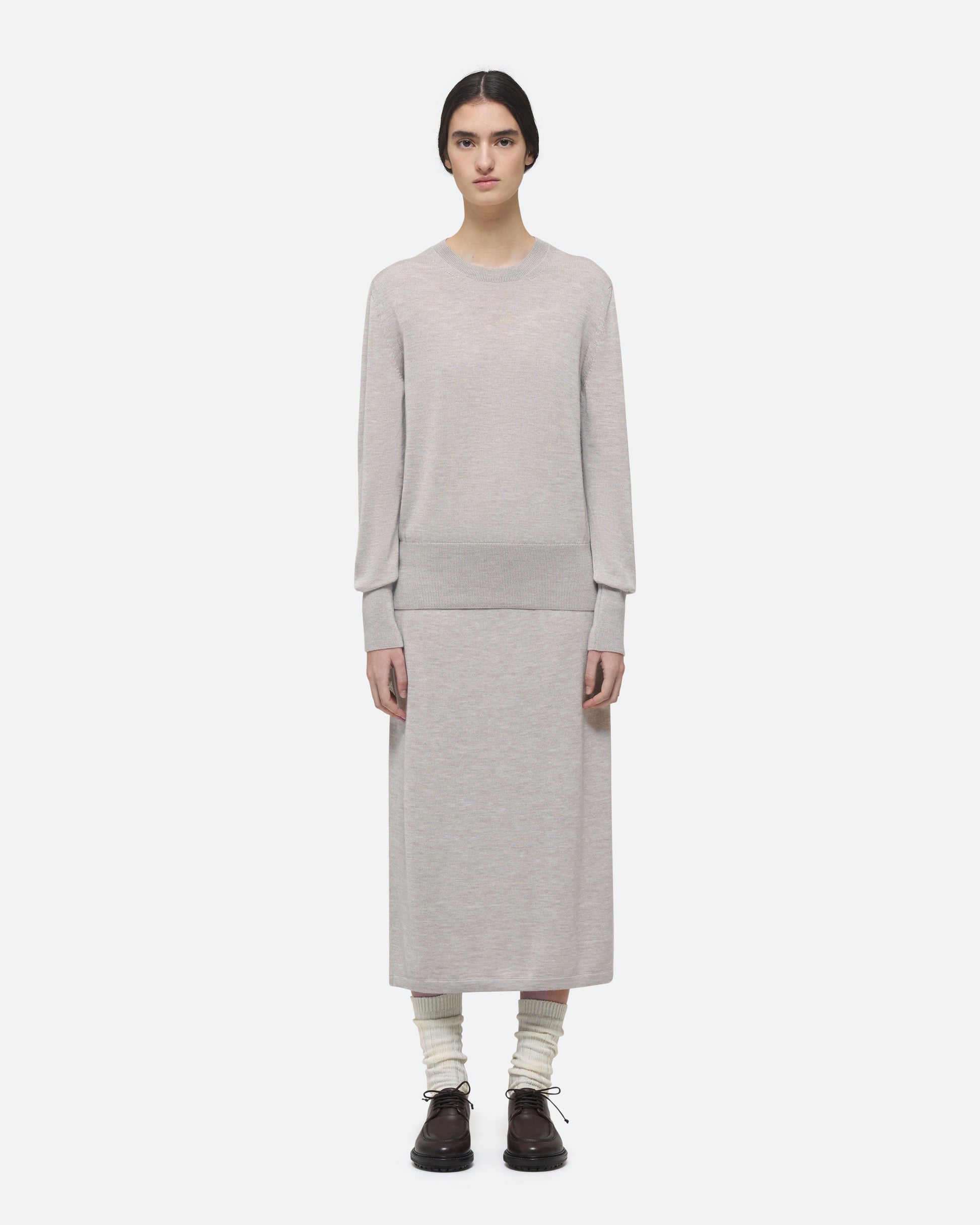 Cashmere Silk Knit Sweater in Beech on model