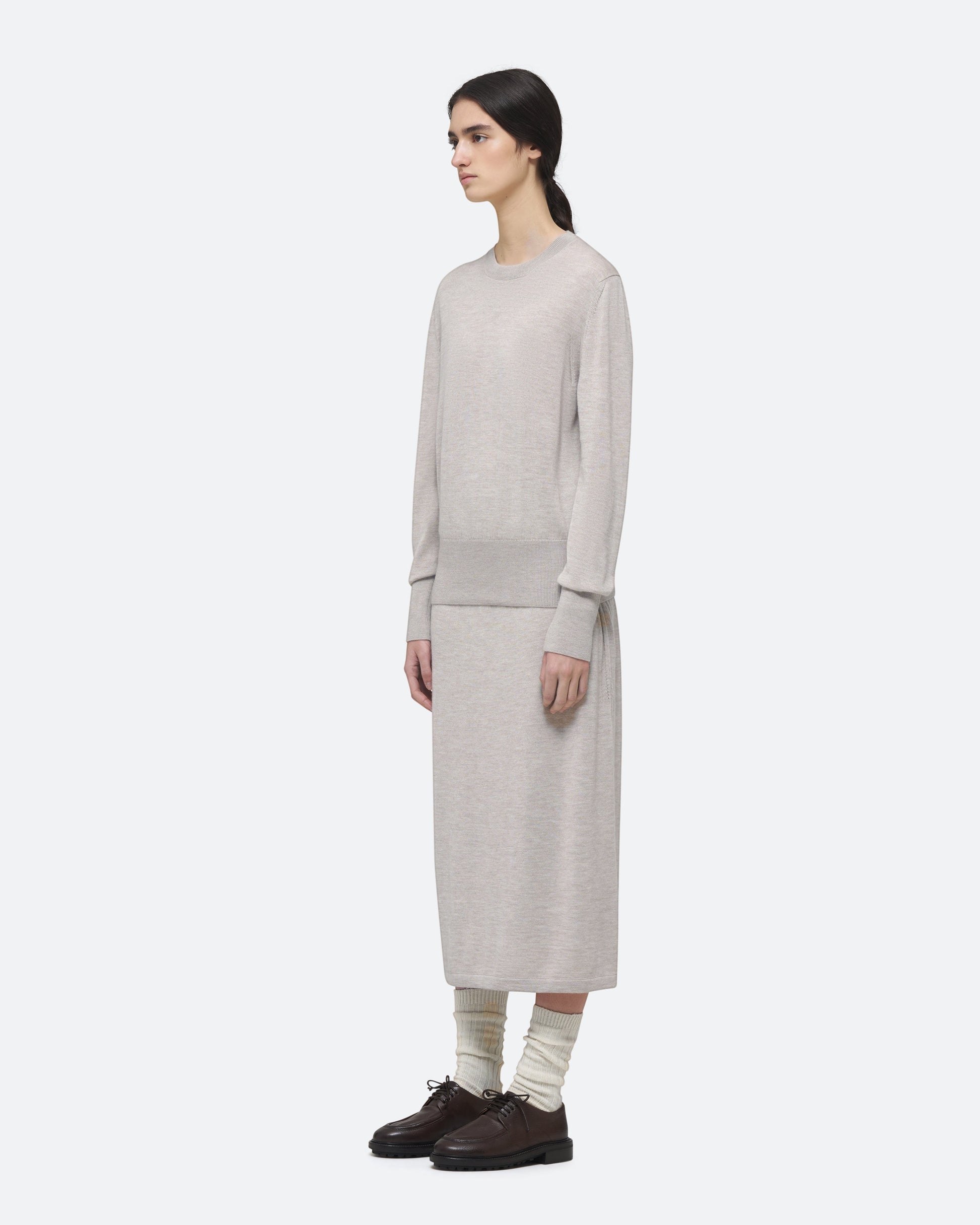 Cashmere Silk Knit Sweater in Beech on model