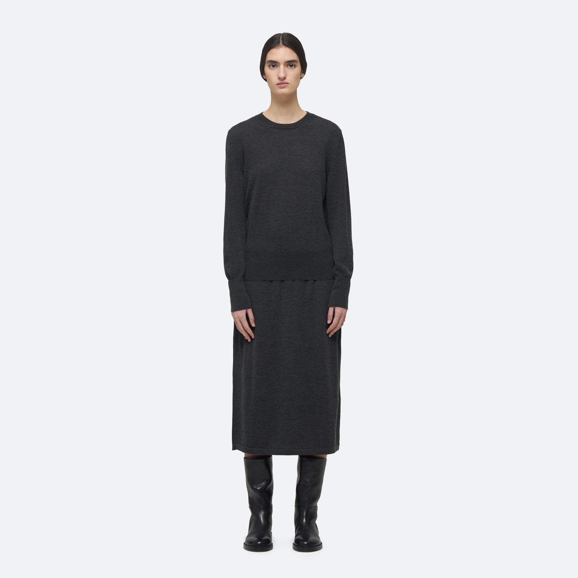 Cashmere Silk Knit Sweater in Charcoal on model