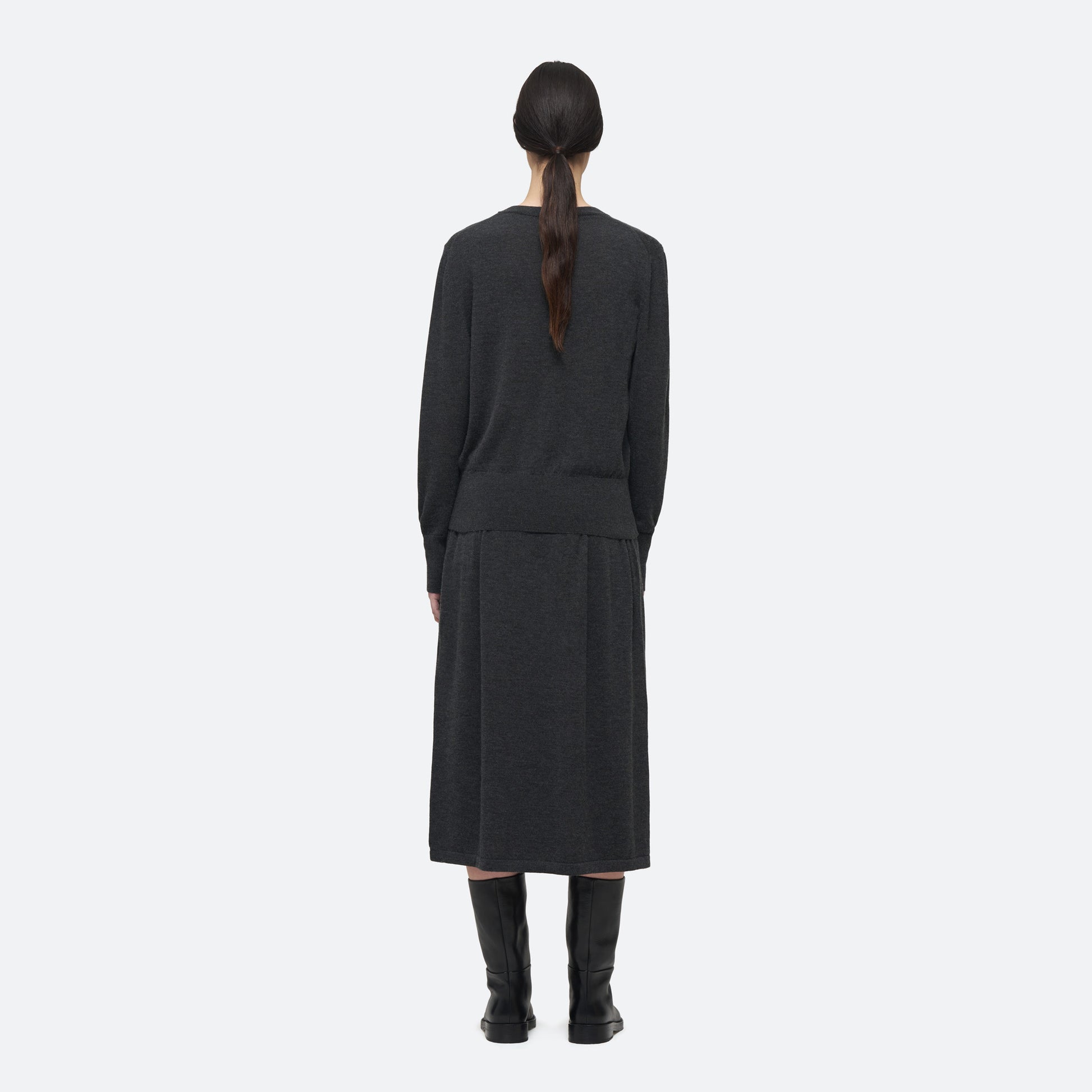 Cashmere Silk Knit Sweater in Charcoal on model