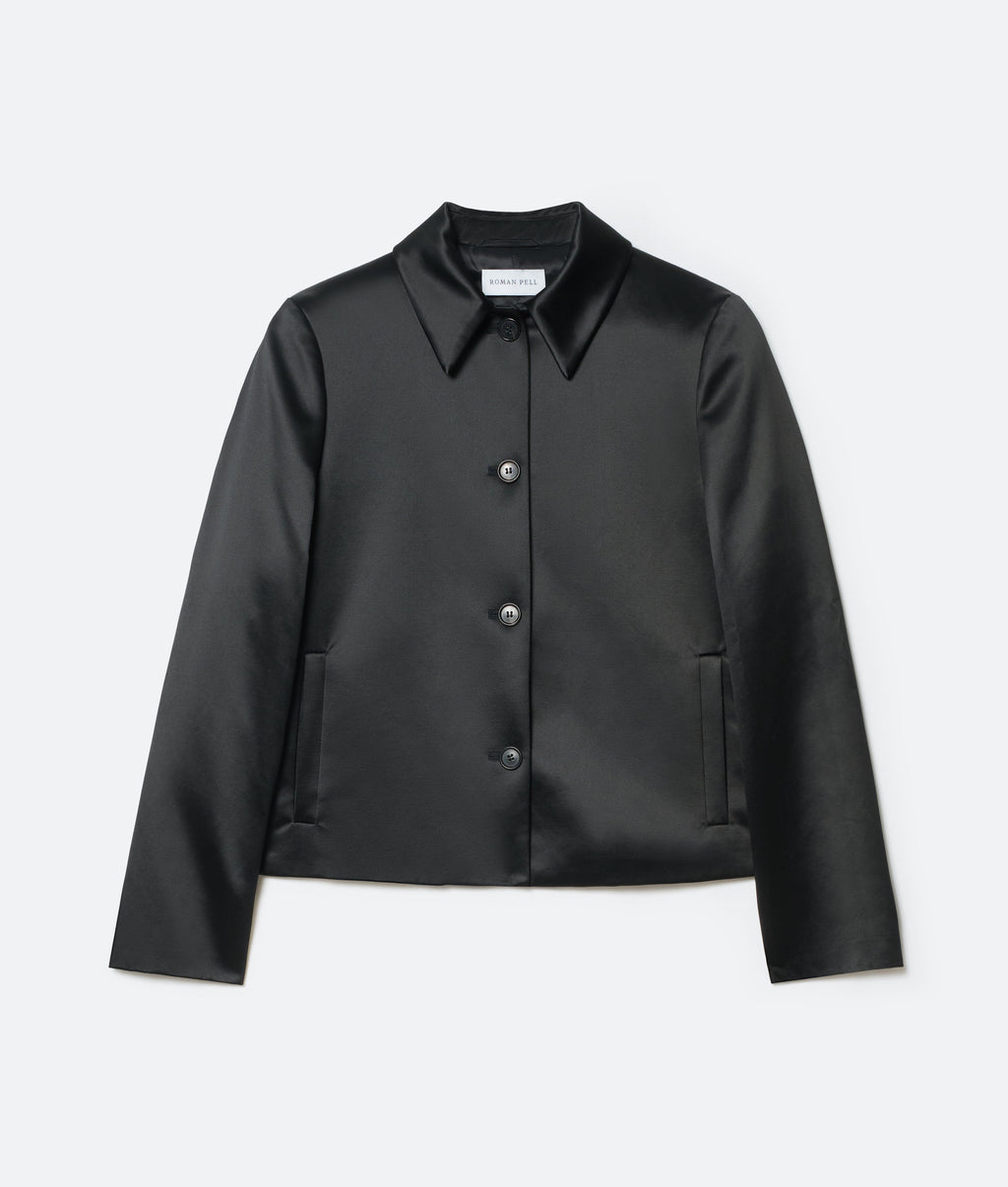 Silk Satin Button Jacket in Nero - packshot front